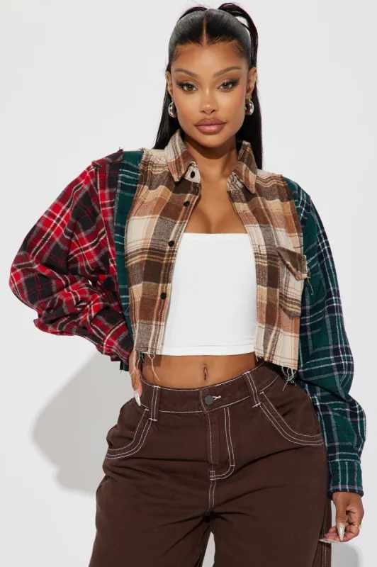 Fall Feeling Cropped Plaid Shirt - Brown Combo sold by Fashion Nova