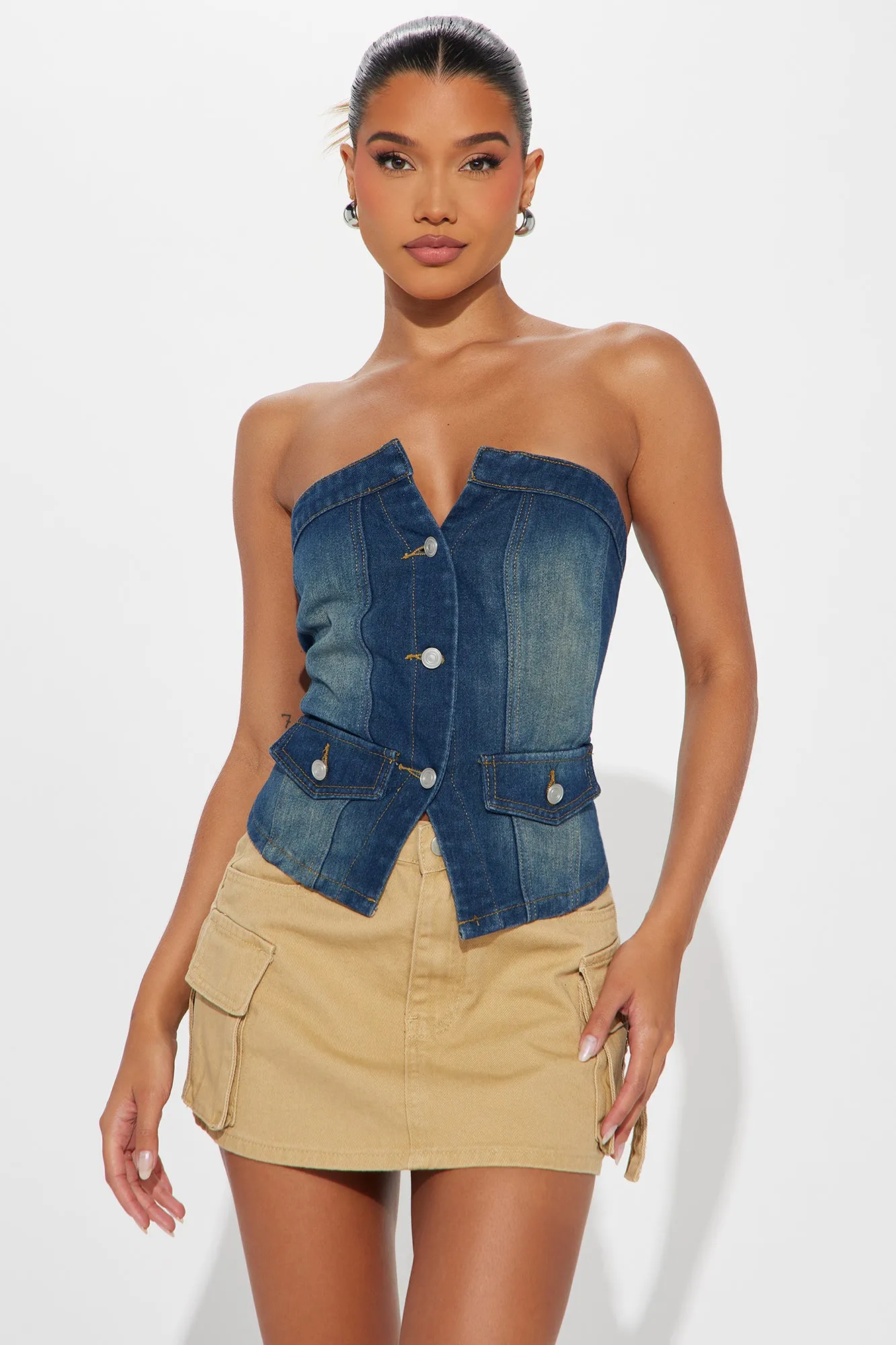 On My Way Denim Corset Top - Dark Wash sold by Fashion Nova