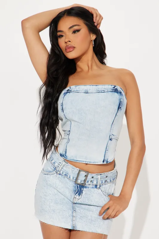 Livin' Easy Denim Corset Top - Acid Wash Blue sold by Fashion Nova