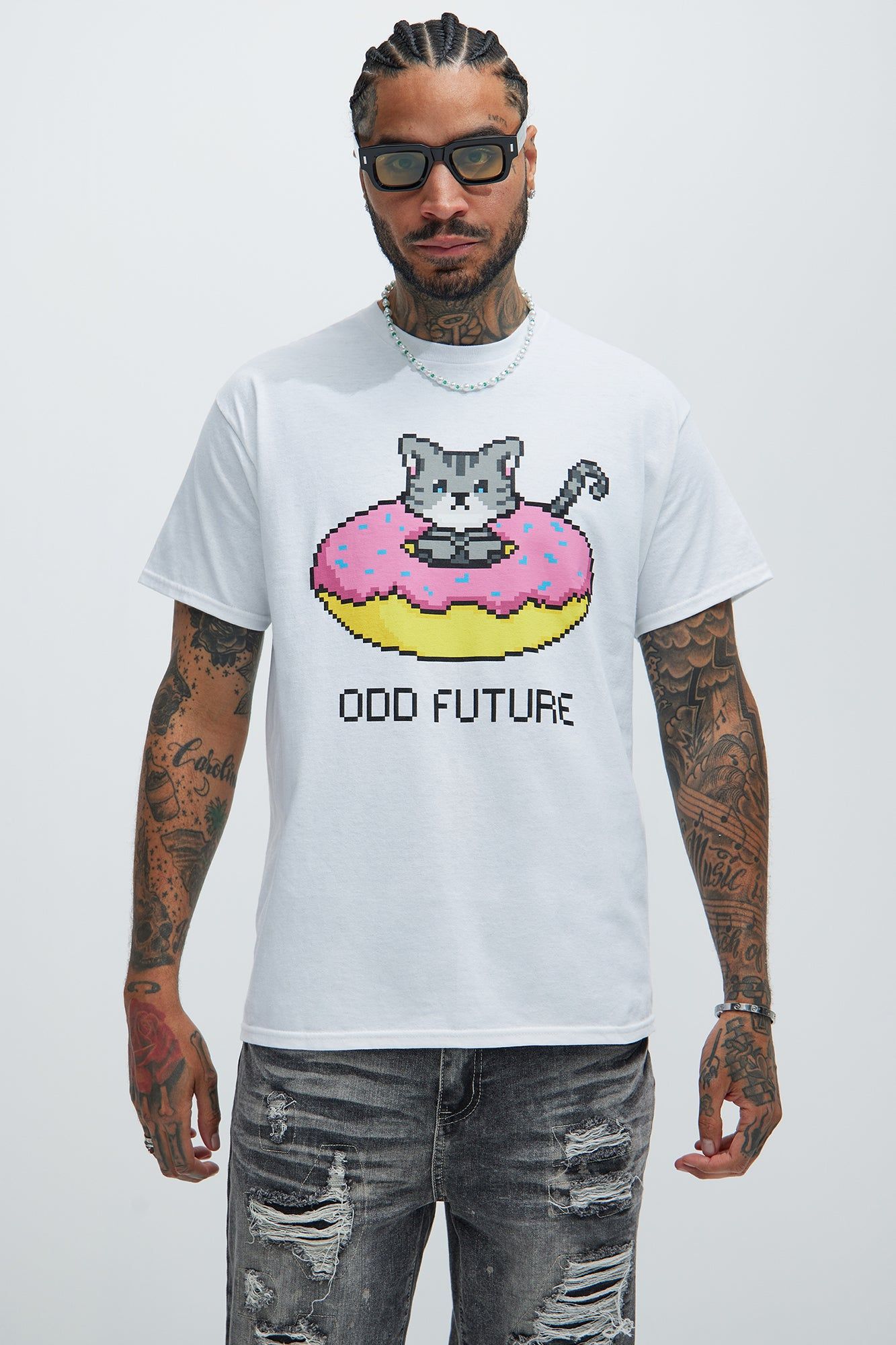 Odd Future Pixel Donut Cat Short Sleeve Tee - White sold by Fashion Nova