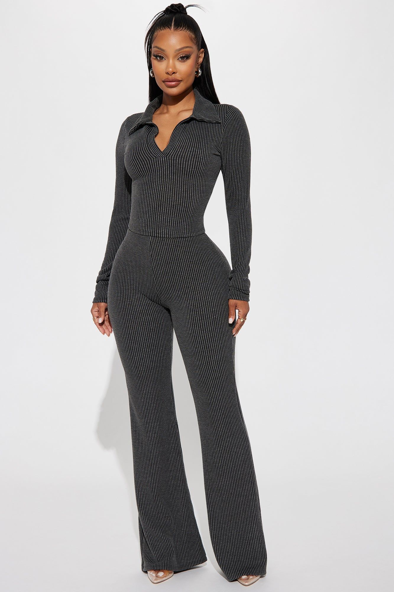Josie Ribbed Long Sleeve Set - Charcoal sold by Fashion Nova