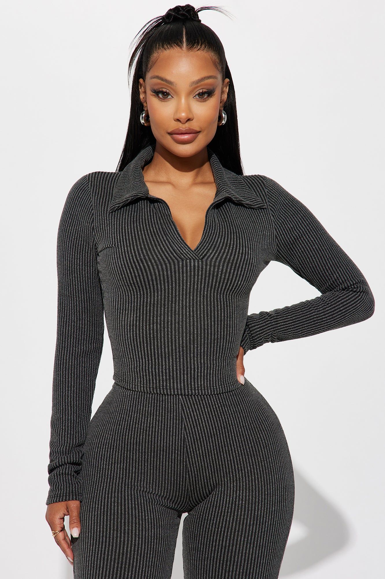 Josie Ribbed Long Sleeve Set - Charcoal sold by Fashion Nova product image thumbnail 2