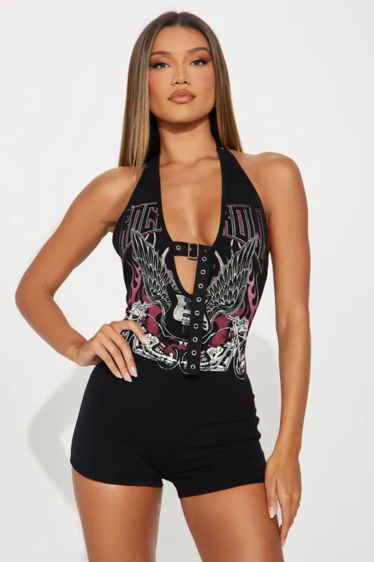 Rockstar Romper - Black/combo sold by Fashion Nova