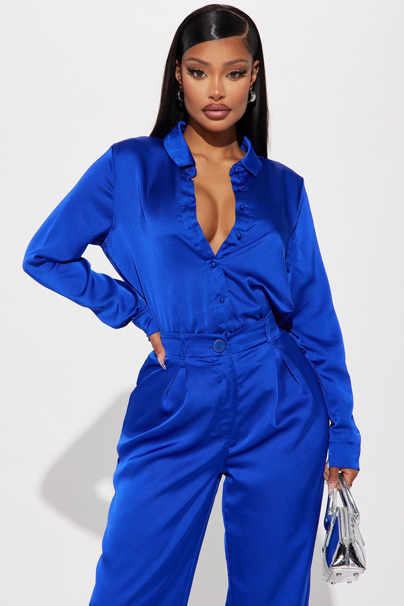 On Time Satin Shirt - Royal sold by Fashion Nova