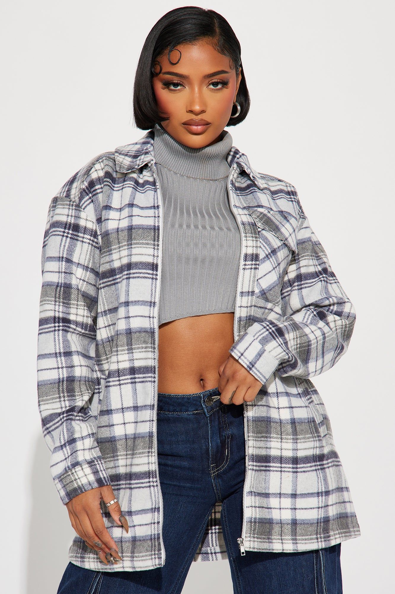 Check Mate Plaid Shacket - Grey/combo sold by Fashion Nova