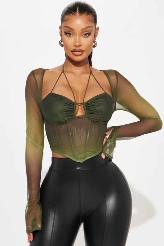 Mina Mesh Corset Top - Olive sold by Fashion Nova