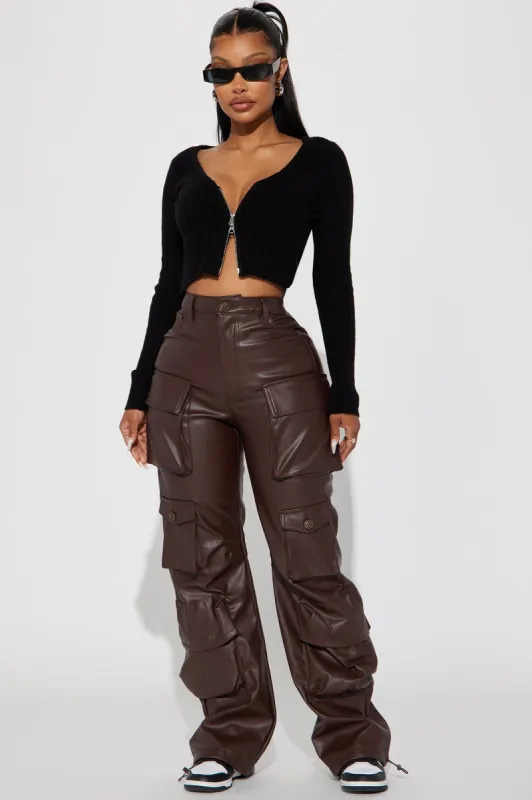 City Is Mine Faux Leather Cargo Pant - Chocolate sold by Fashion Nova
