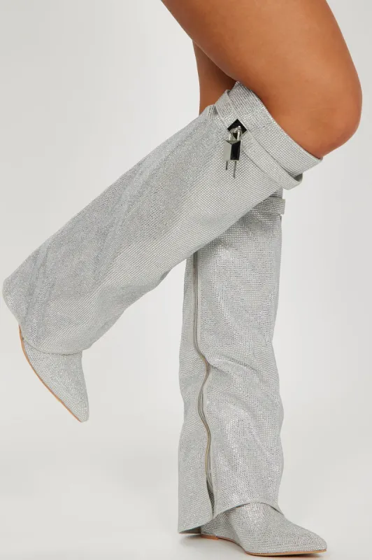 Let Your Sparkle Shine Heeled Boots - Silver sold by Fashion Nova