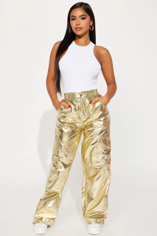 Light My Fire Metallic Cargo Jogger - Gold sold by Fashion Nova
