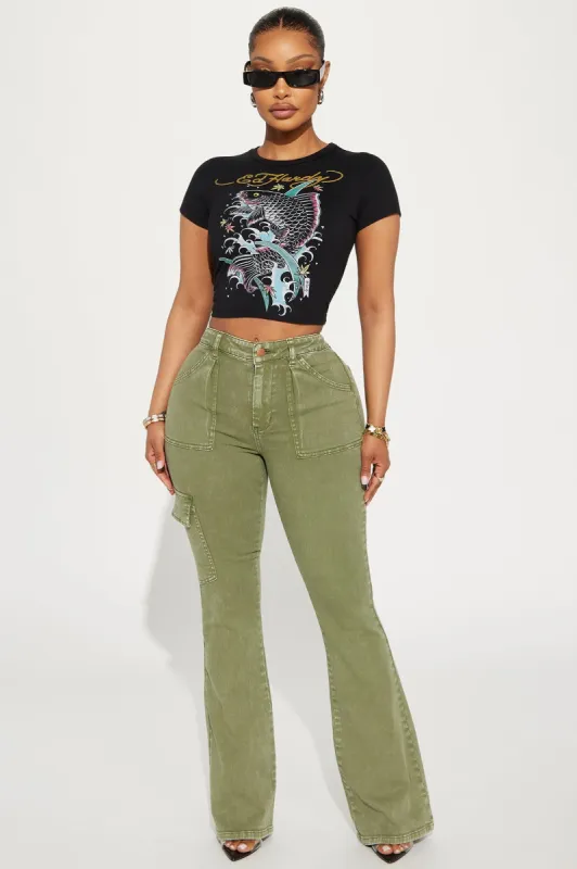 Mindy Cargo Mineral Wash Flare Pant - Olive sold by Fashion Nova