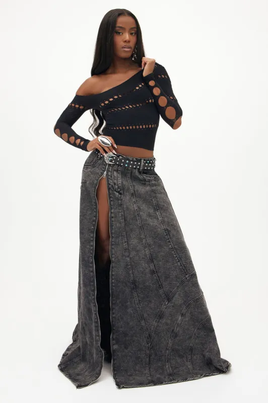 Show You The Way Tinted Denim Maxi Skirt - Black Wash sold by Fashion Nova