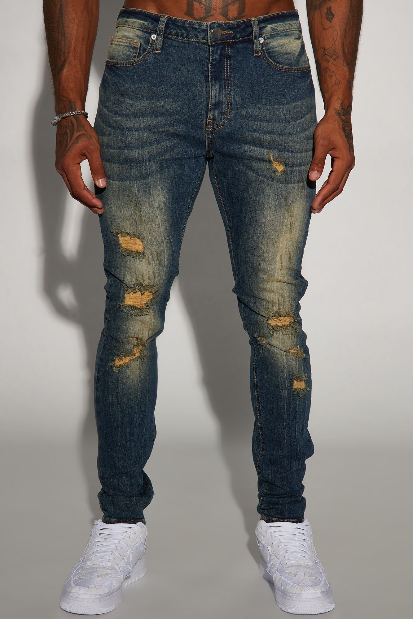 High Times Distressed Stacked Skinny Jeans - Vintage Blue Wash sold by Fashion Nova product image thumbnail 3
