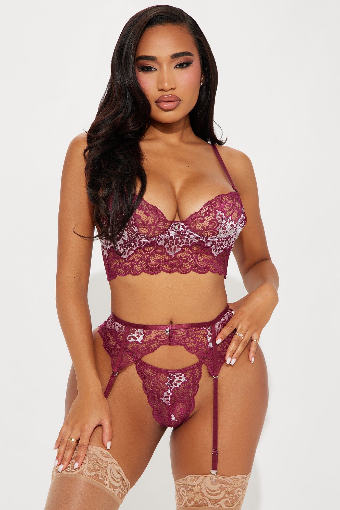 Radiant Blossom Lace 3 Piece Garter Set - Wine sold by Fashion Nova