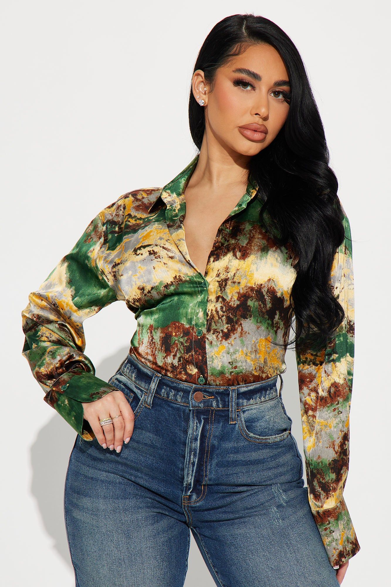 Blending In Satin Shirt - Multi Color sold by Fashion Nova