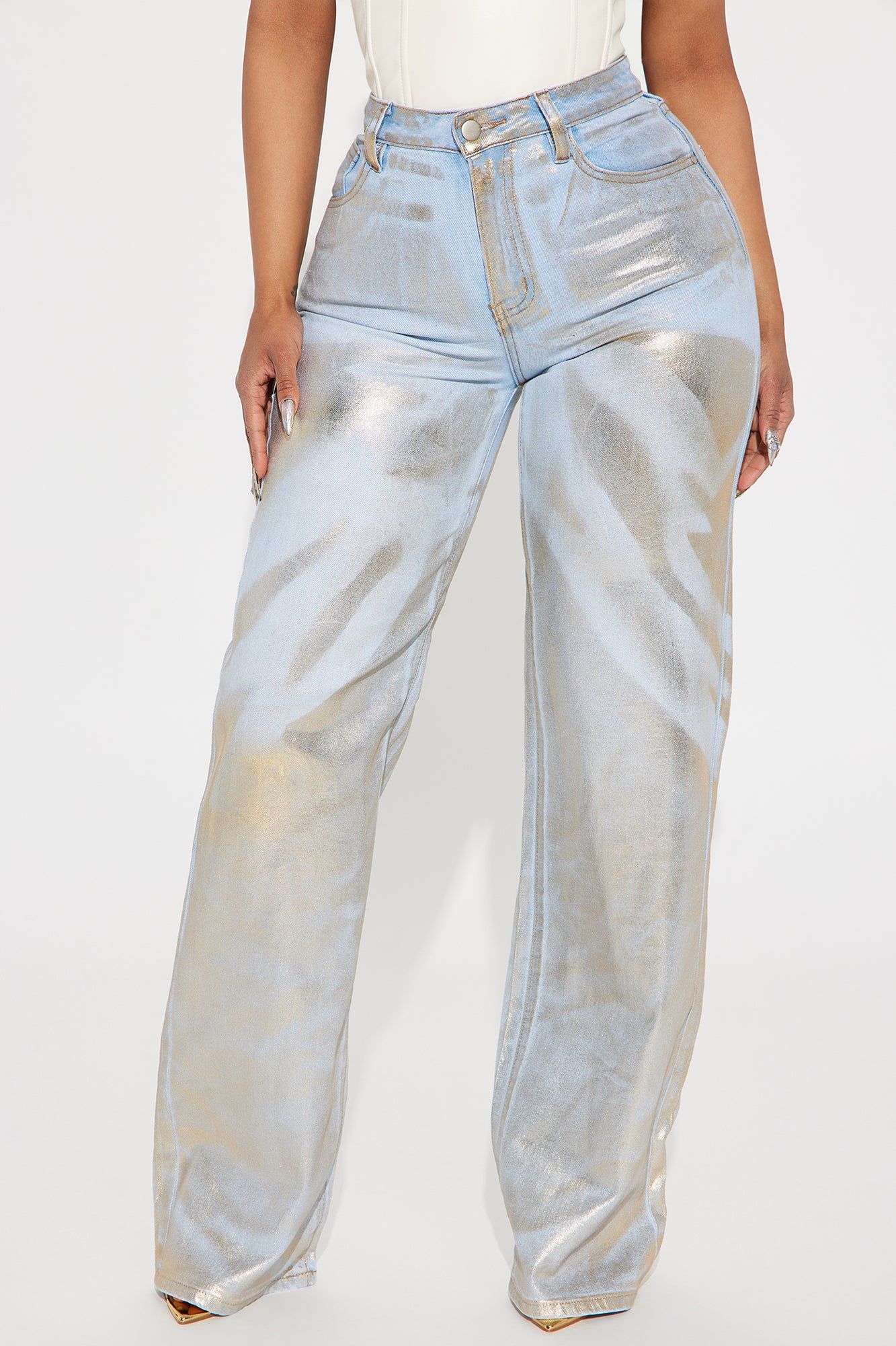 Gold Rush Metallic Stretch Baggy Jeans - Gold sold by Fashion Nova product image thumbnail 2