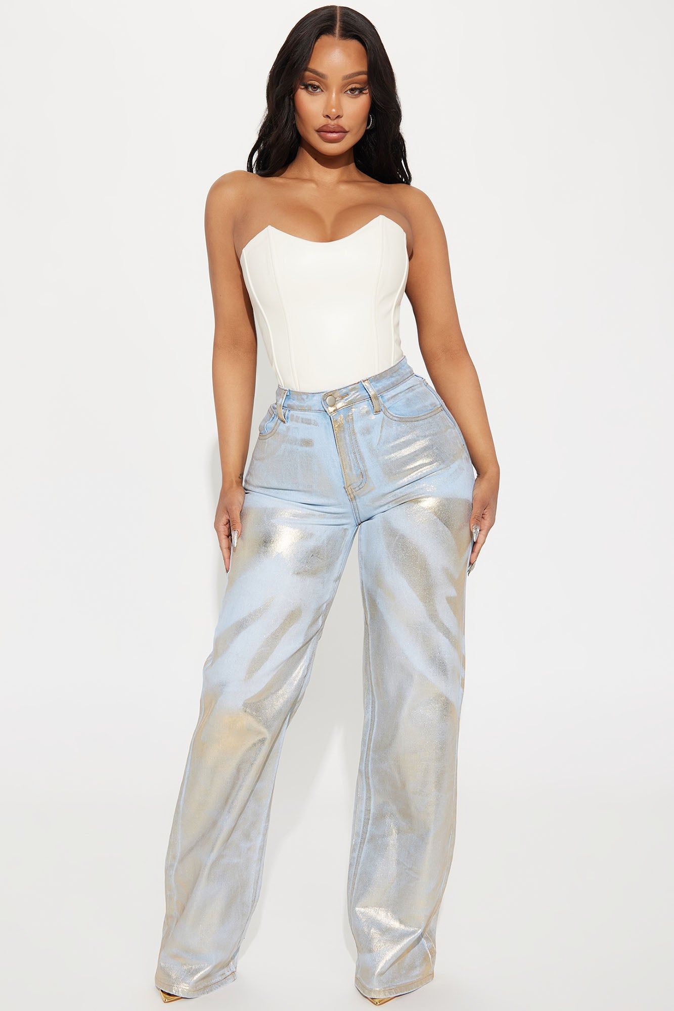 Gold Rush Metallic Stretch Baggy Jeans - Gold sold by Fashion Nova