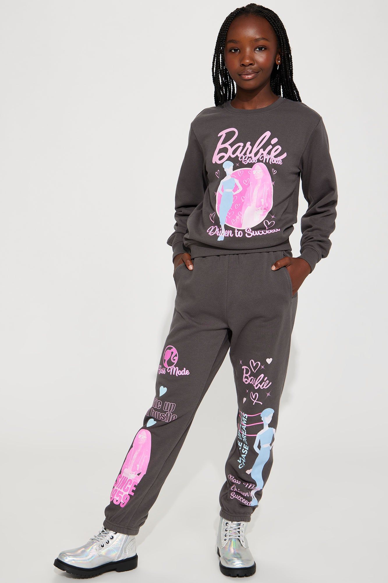 Mini Barbie Driven To Succeed Fleece Jogger Set - Charcoal sold by Fashion Nova