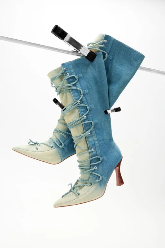 Gia Lace Up Knee High Boots - Denim sold by Fashion Nova