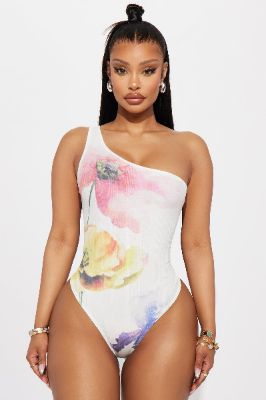 Morning Blooms One Shoulder Bodysuit - Ivory/combo sold by Fashion Nova