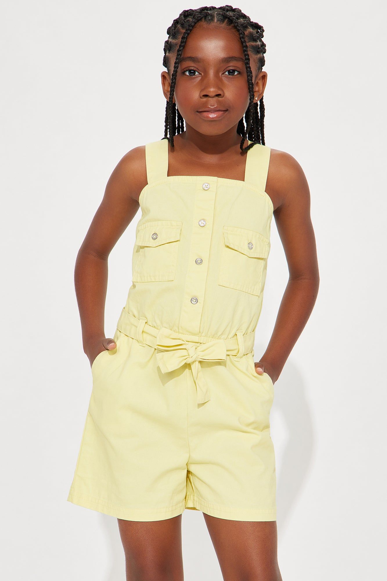 Mini Raquel Button Front Cargo Romper - Yellow sold by Fashion Nova