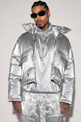 Faxon Nylon Cropped Puffer - Silver sold by Fashion Nova