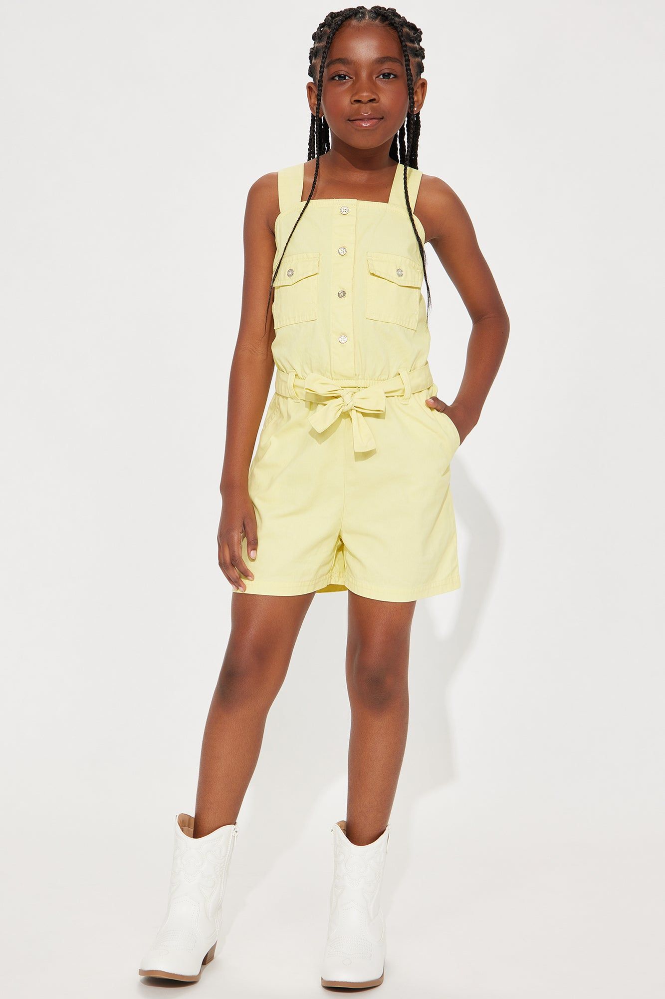 Mini Raquel Button Front Cargo Romper - Yellow sold by Fashion Nova product image thumbnail 2