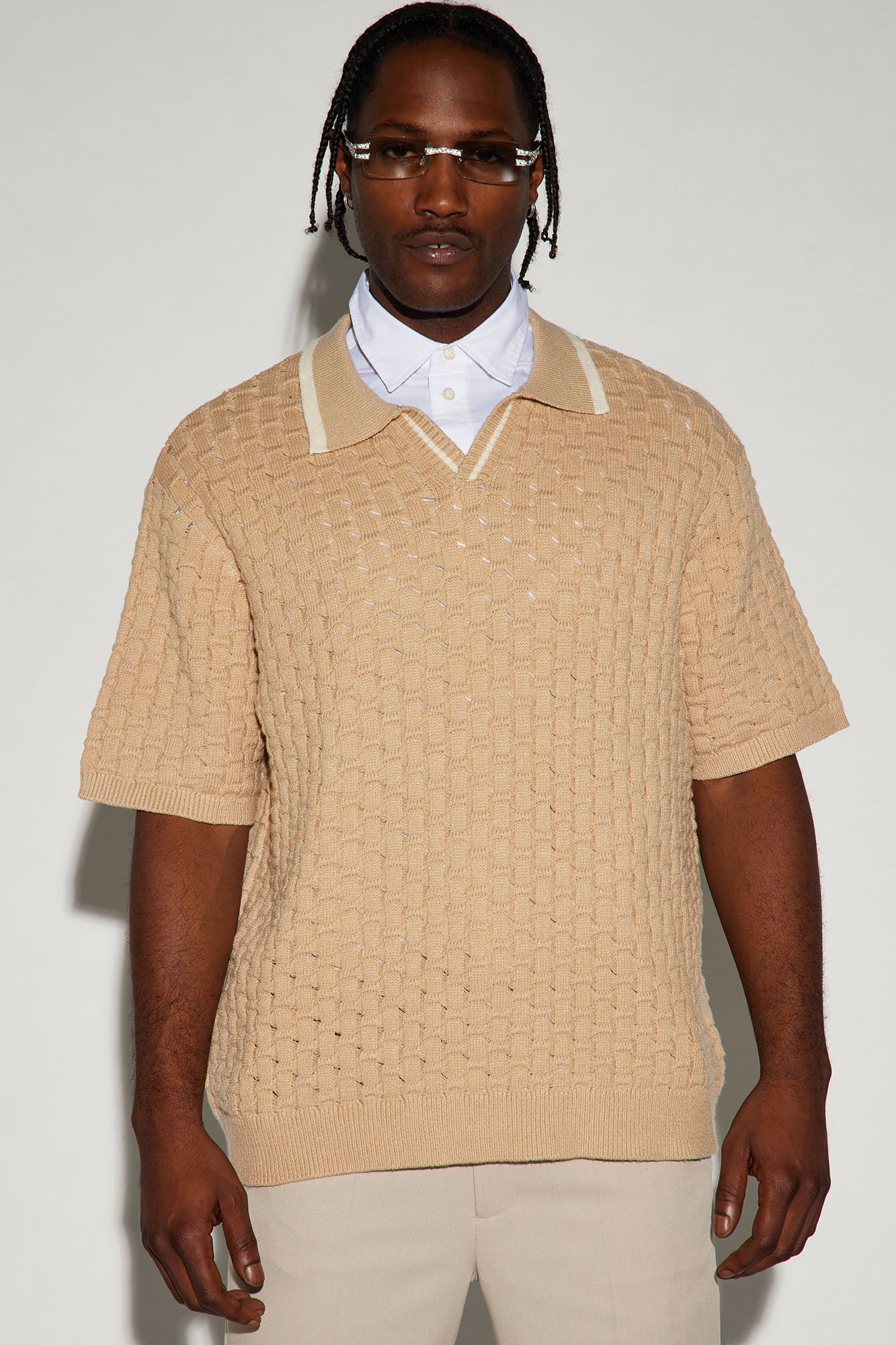 Arrow Short Sleeve Polo - Taupe/combo sold by Fashion Nova