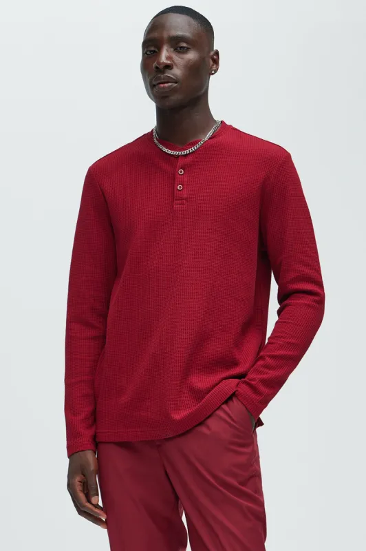 Wesley Long Sleeve Henley - Burgundy sold by Fashion Nova