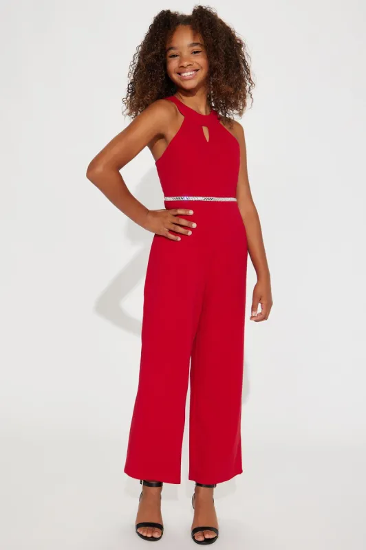 Mini Sleeveless Stretch Crepe Rhinestone Belted Jumpsuit - Red sold by Fashion Nova