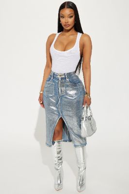 Grounded Foil Denim Midi Skirt - Medium Wash sold by Fashion Nova