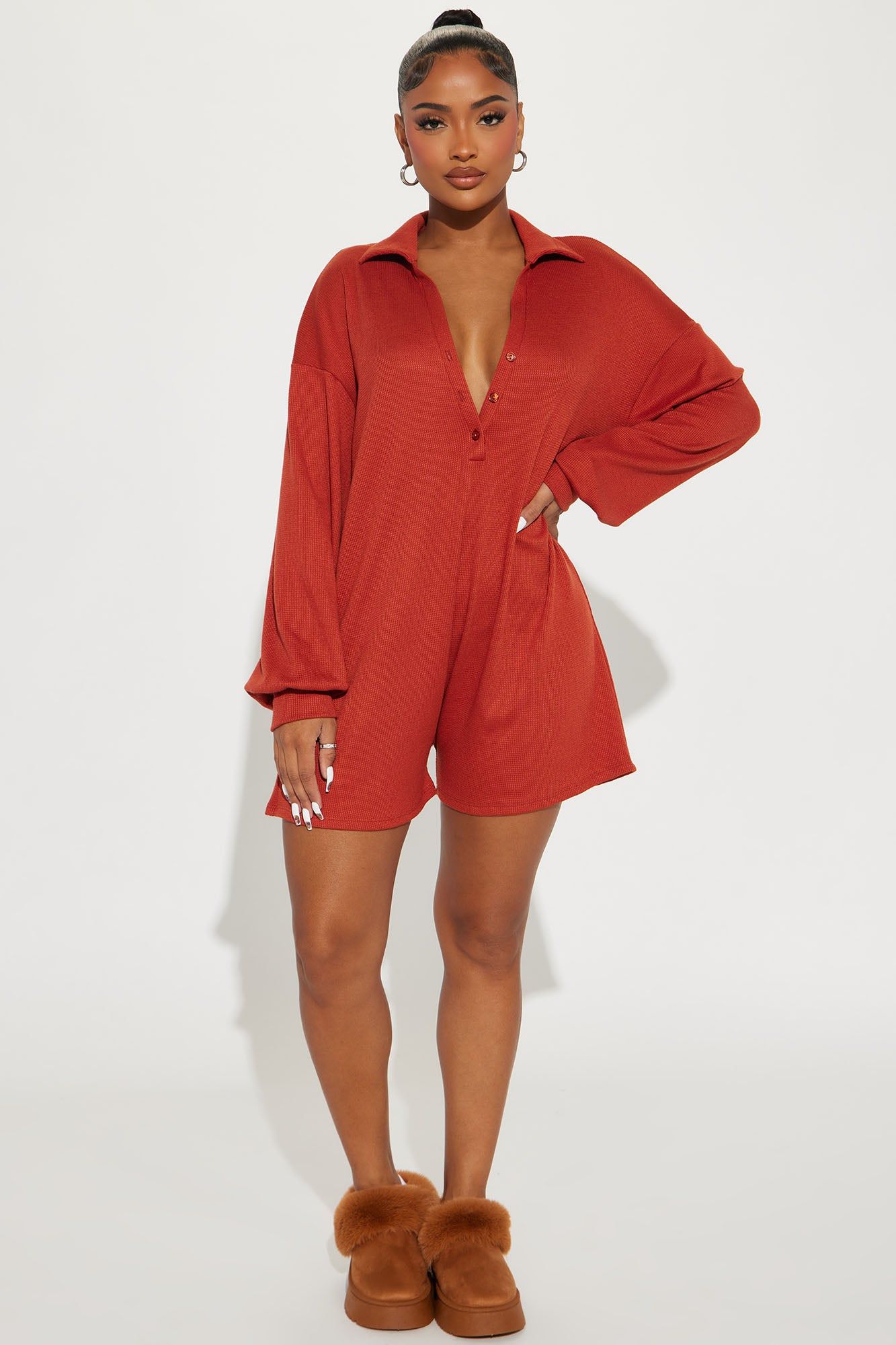 Figure It Out Romper - Rust sold by Fashion Nova