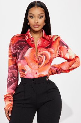 In Bloom Satin Shirt - Red/combo sold by Fashion Nova
