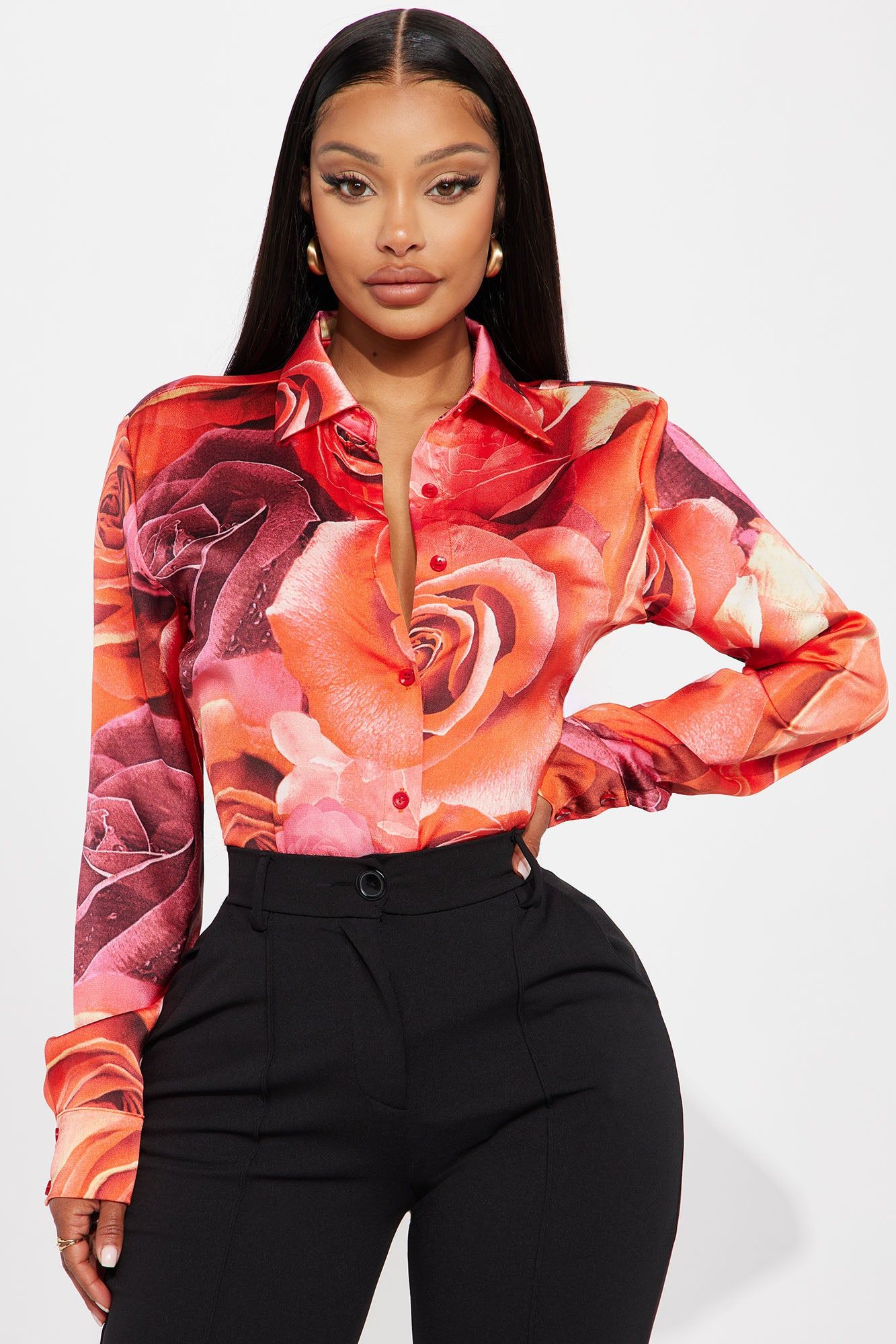 In Bloom Satin Shirt - Red/combo sold by Fashion Nova