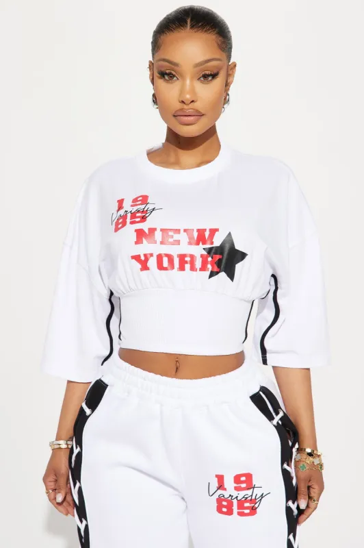 New York Varsity Crop Top - White/Black sold by Fashion Nova
