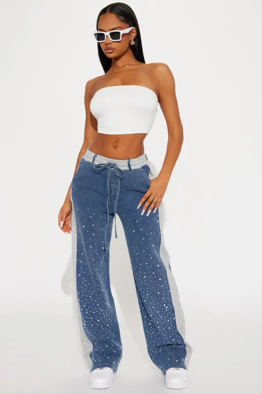 Sparks Are Flying Embellished Straight Leg Jeans - Medium Wash sold by Fashion Nova