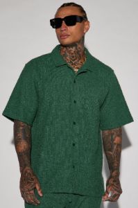 Dean Textured Short Sleeve Button Up Shirt - Hunter sold by Fashion Nova