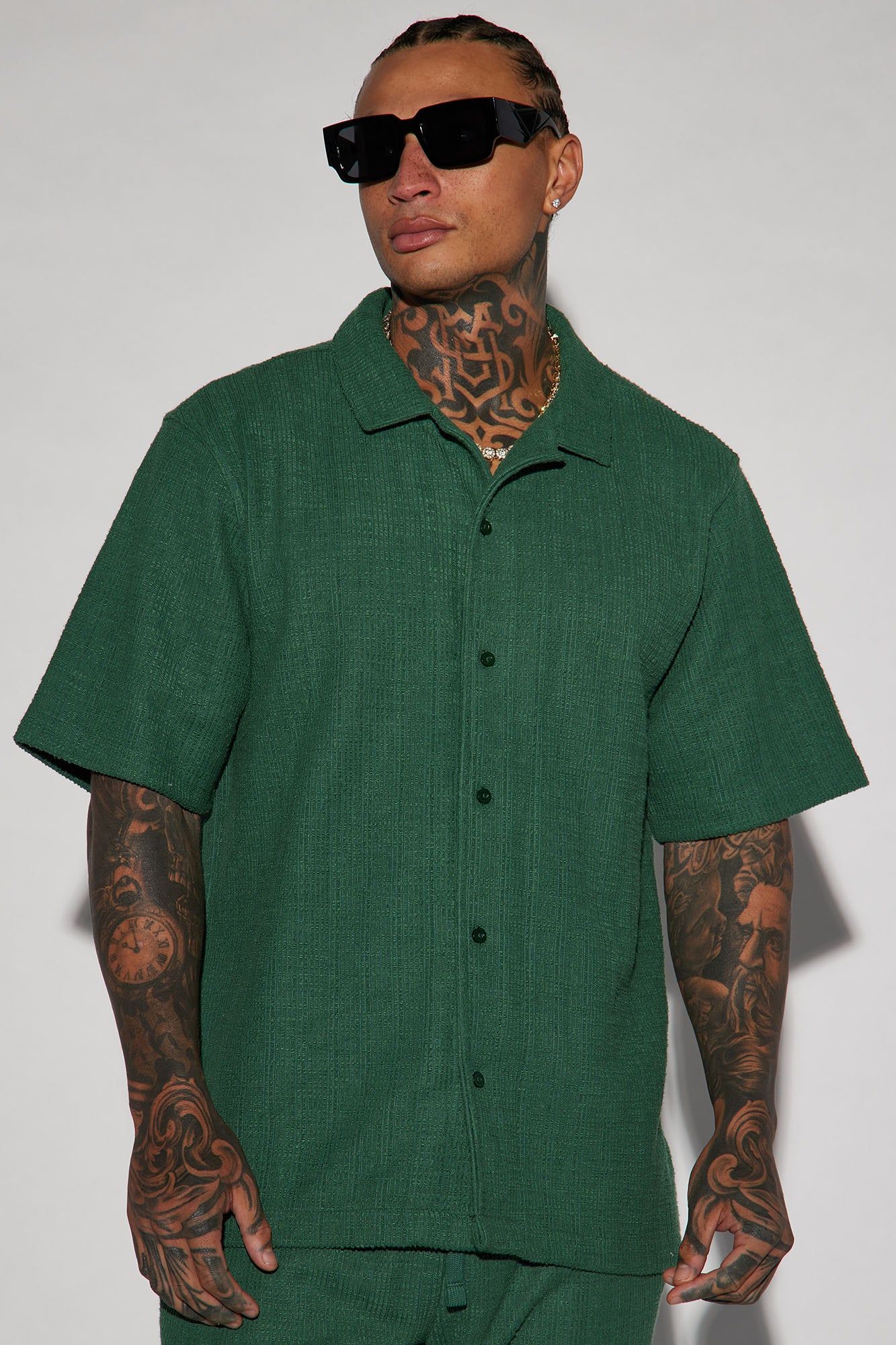 Dean Textured Short Sleeve Button Up Shirt - Hunter sold by Fashion Nova product image thumbnail 7