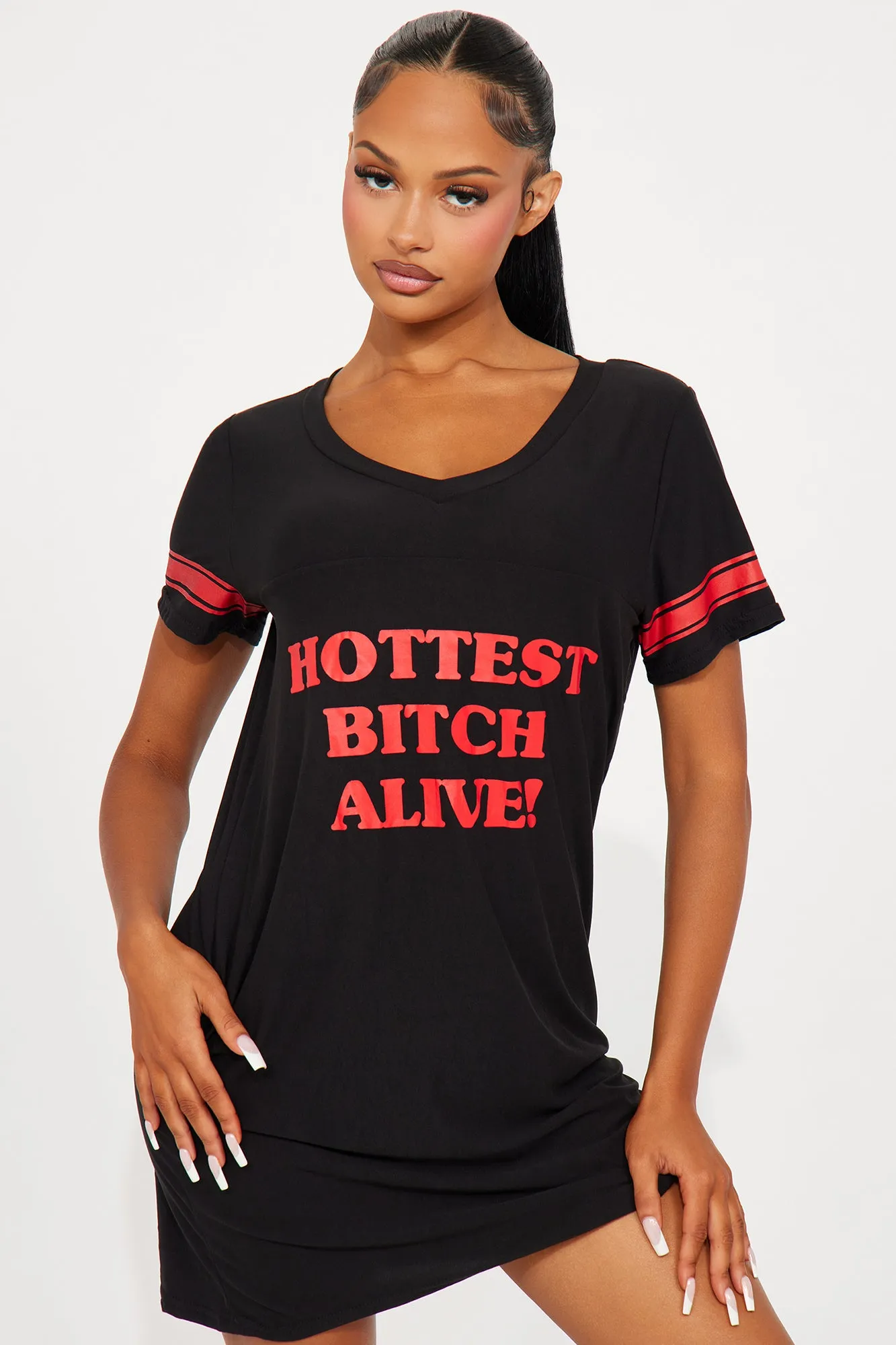 Hottest Bitch Alive! PJ Sleep Shirt - Black/Red sold by Fashion Nova