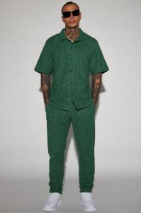 Dean Textured Short Sleeve Button Up Shirt - Hunter sold by Fashion Nova