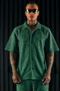 Dean Textured Short Sleeve Button Up Shirt - Hunter sold by Fashion Nova