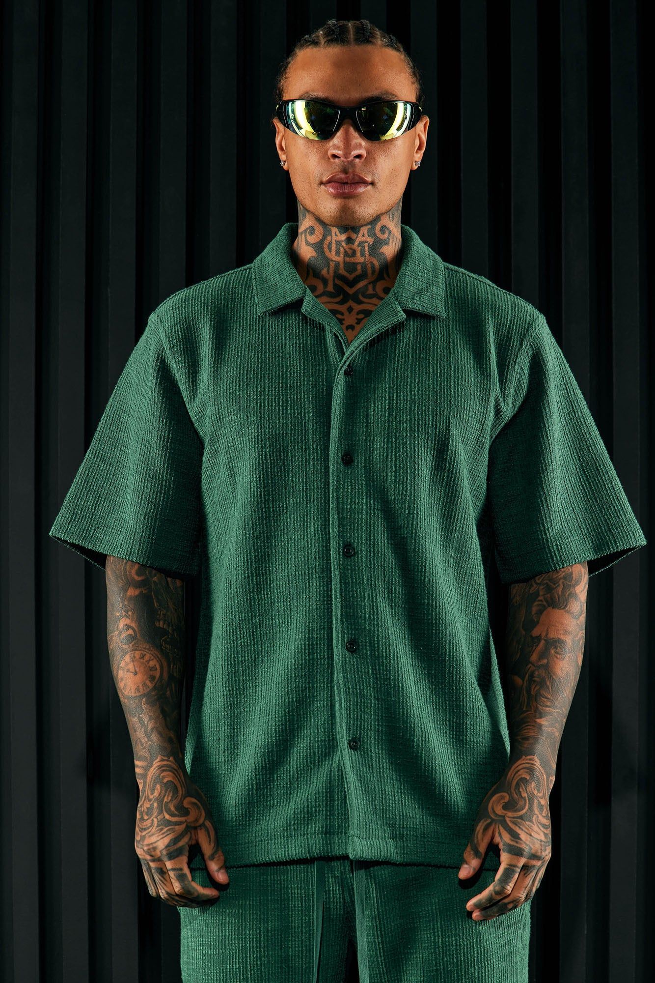 Dean Textured Short Sleeve Button Up Shirt - Hunter sold by Fashion Nova