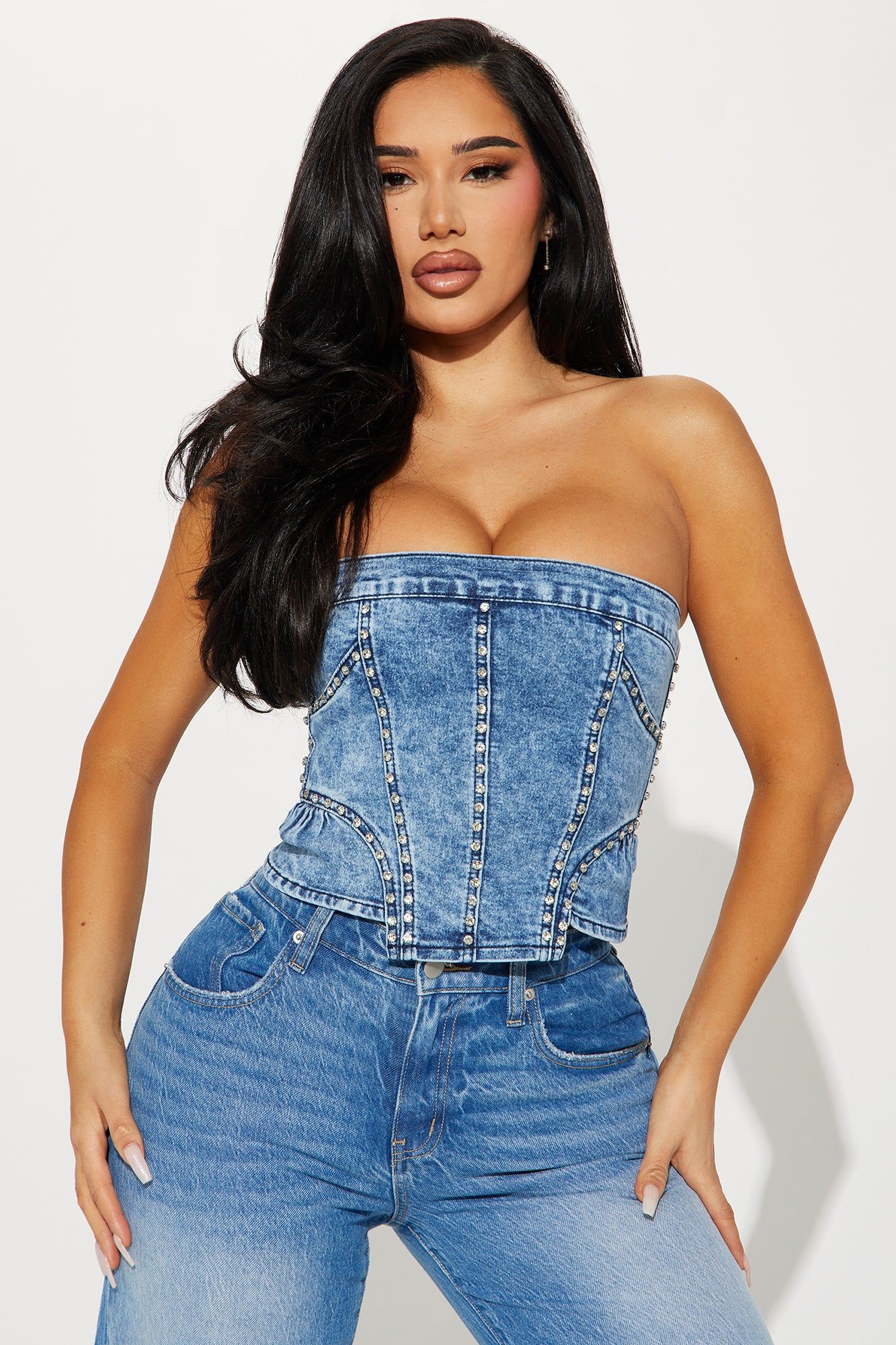 Diva Behavior Embellished Denim Top - Medium Wash sold by Fashion Nova