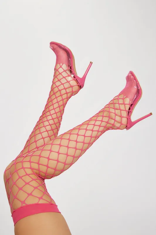 Headed To The Top Fishnet Pumps - Pink made by Fashion Nova