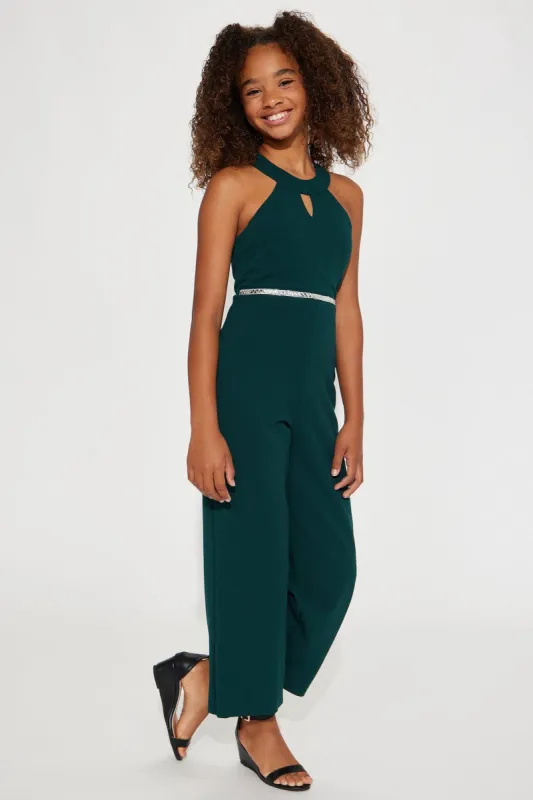 Mini Sleeveless Stretch Crepe Rhinestone Belted Jumpsuit - Emerald sold by Fashion Nova