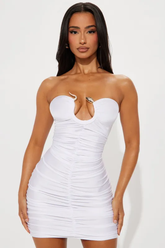 Medusa Ruched Micro Mini Dress - White sold by Fashion Nova