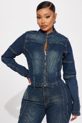 In The Running Denim Moto Jacket - Dark Wash sold by Fashion Nova