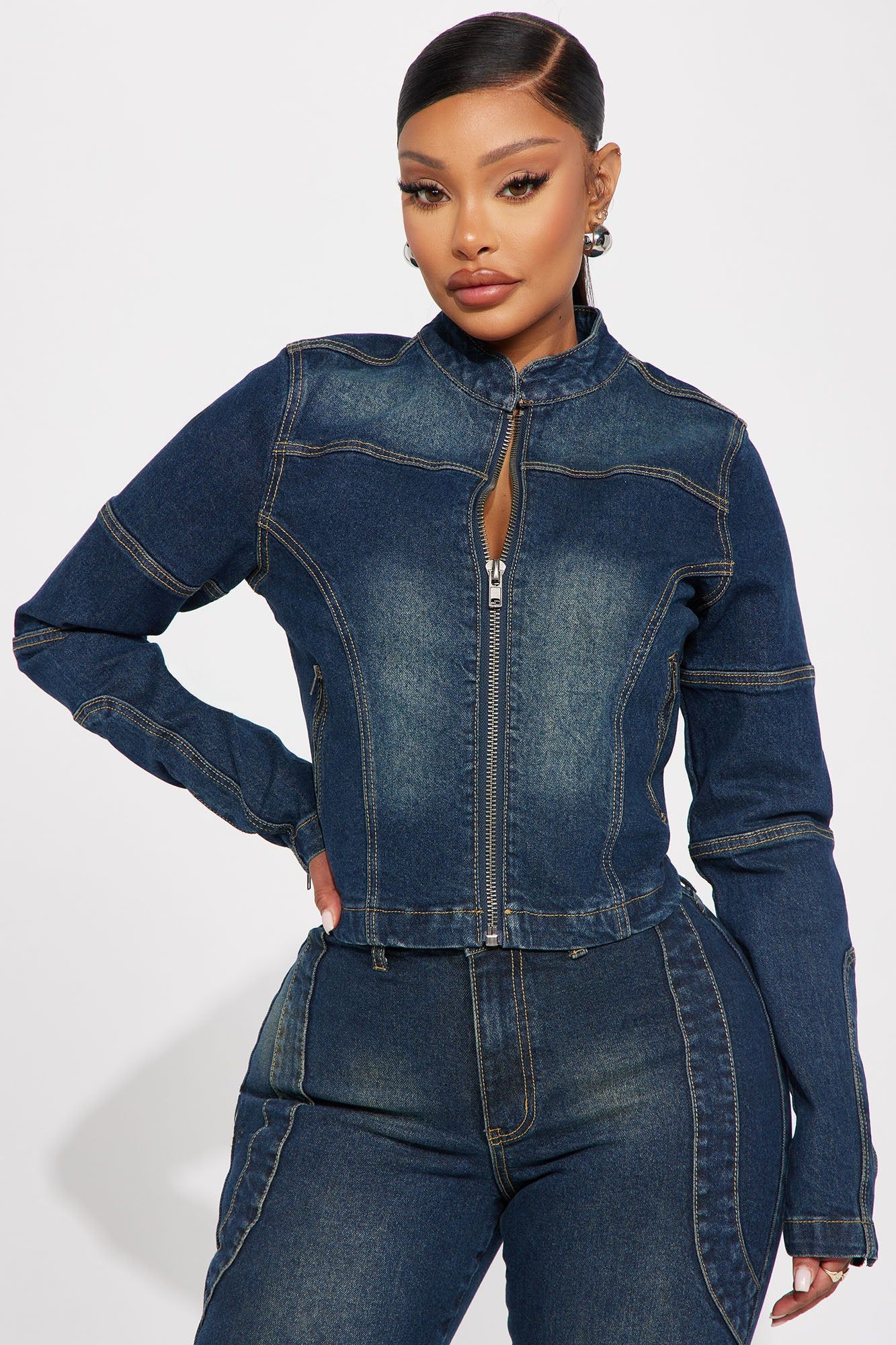 In The Running Denim Moto Jacket - Dark Wash sold by Fashion Nova