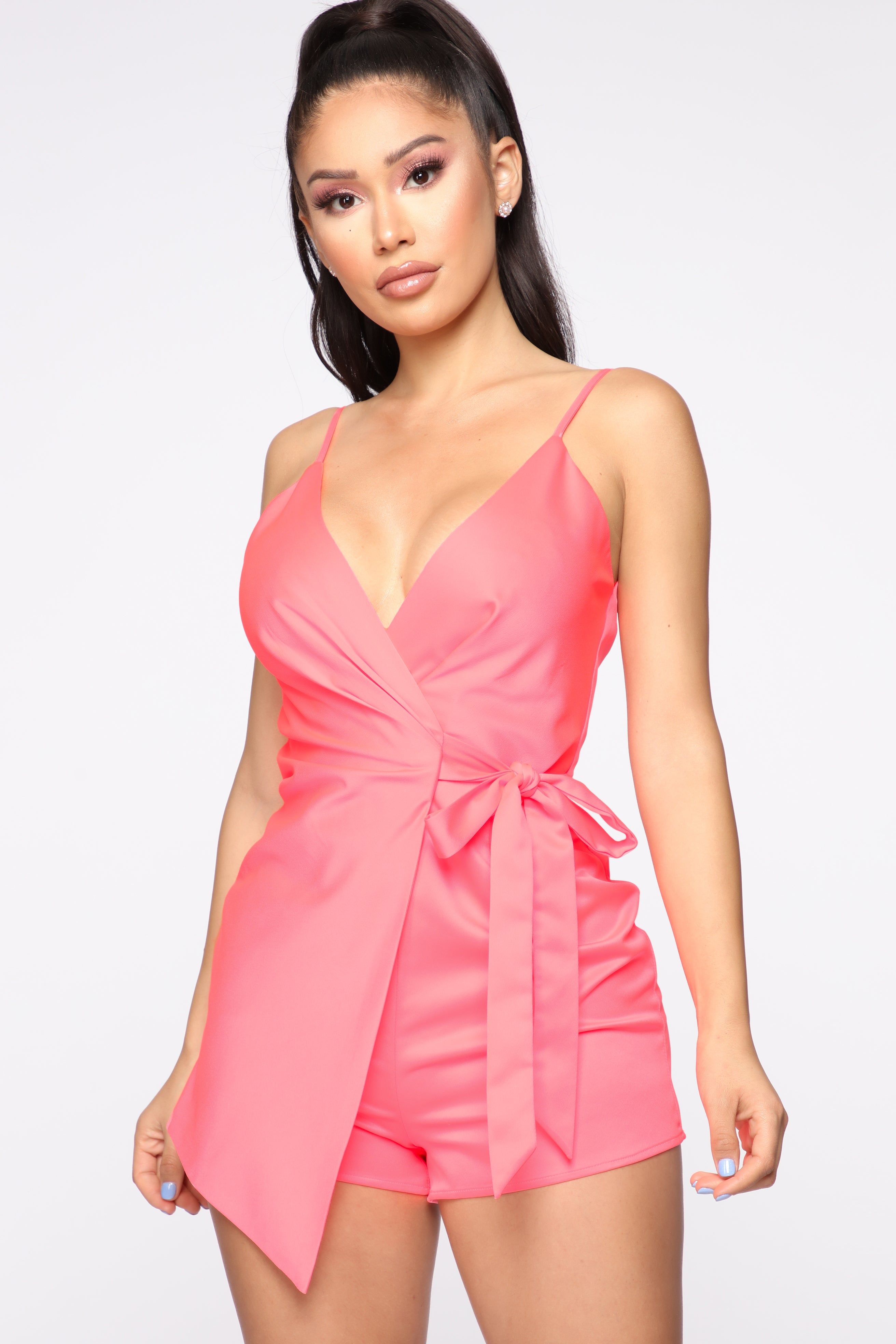 Wrapped In Your Love Satin Romper - Neon Pink sold by Fashion Nova