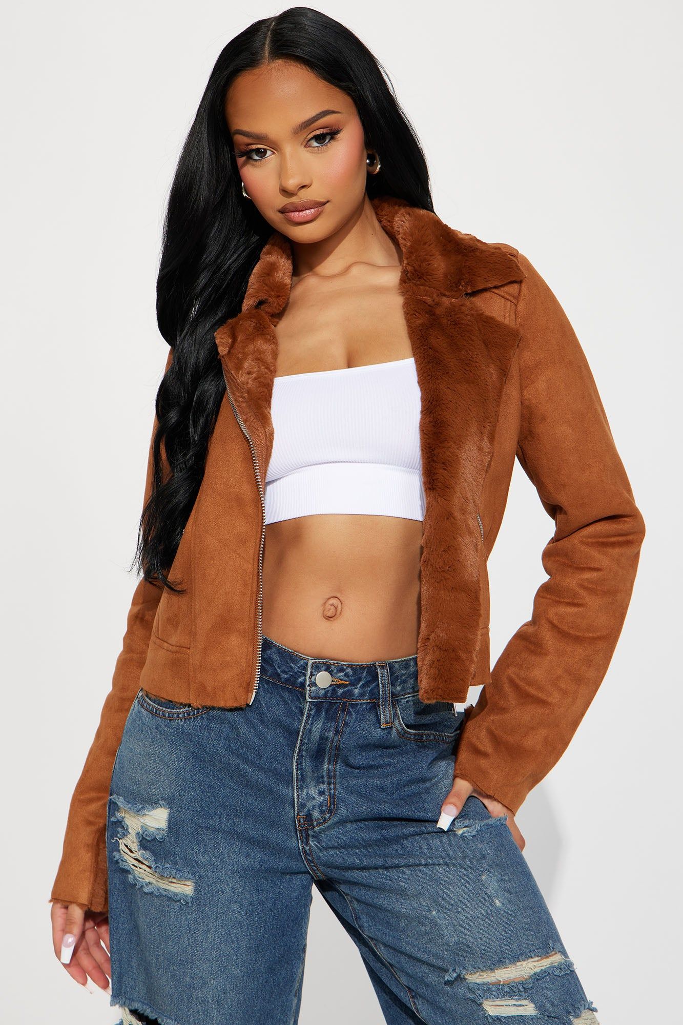 Keeping Up With Me Faux Fur Moto - Camel sold by Fashion Nova