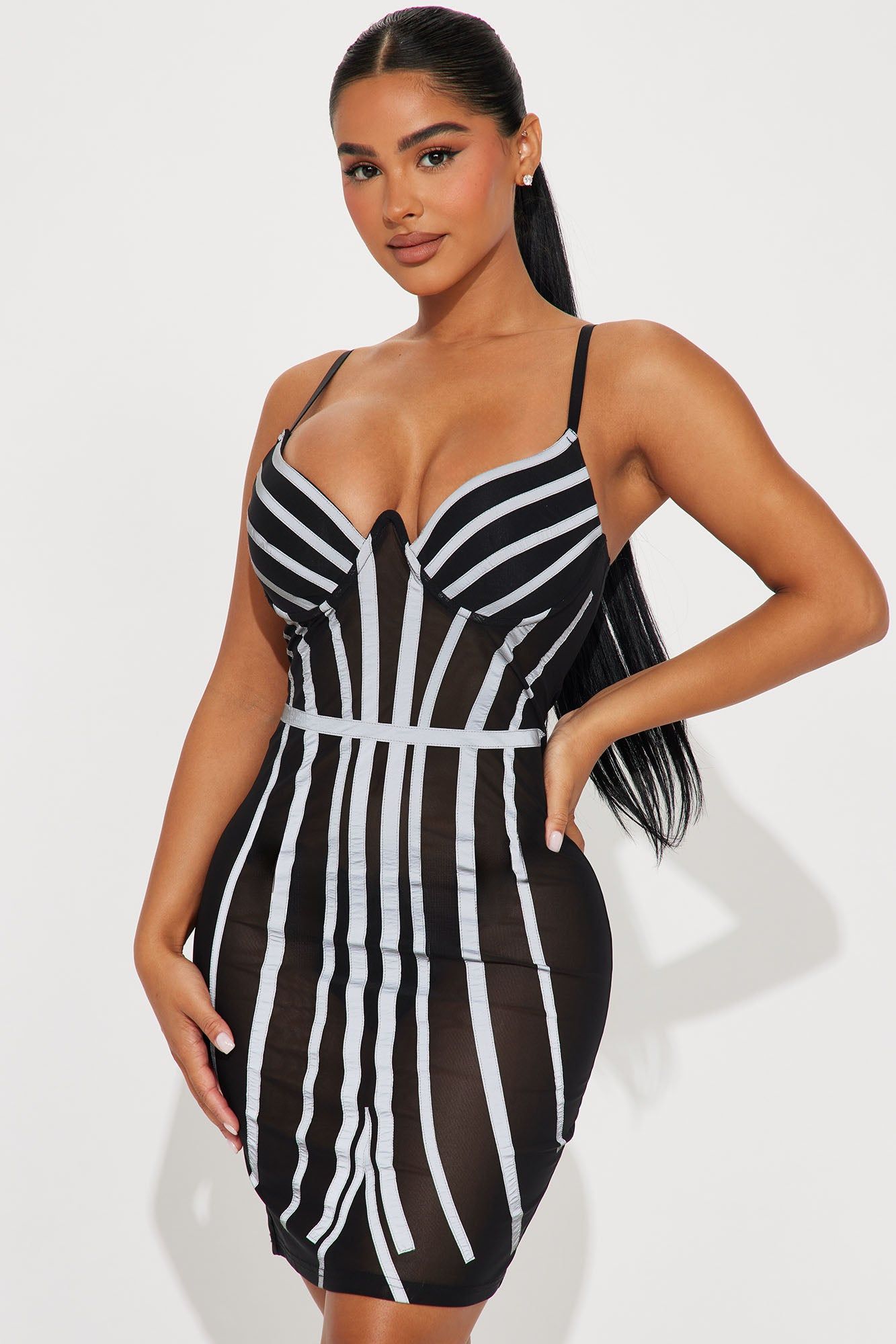 Electra Reflective Mesh Mini Dress - Black/combo sold by Fashion Nova